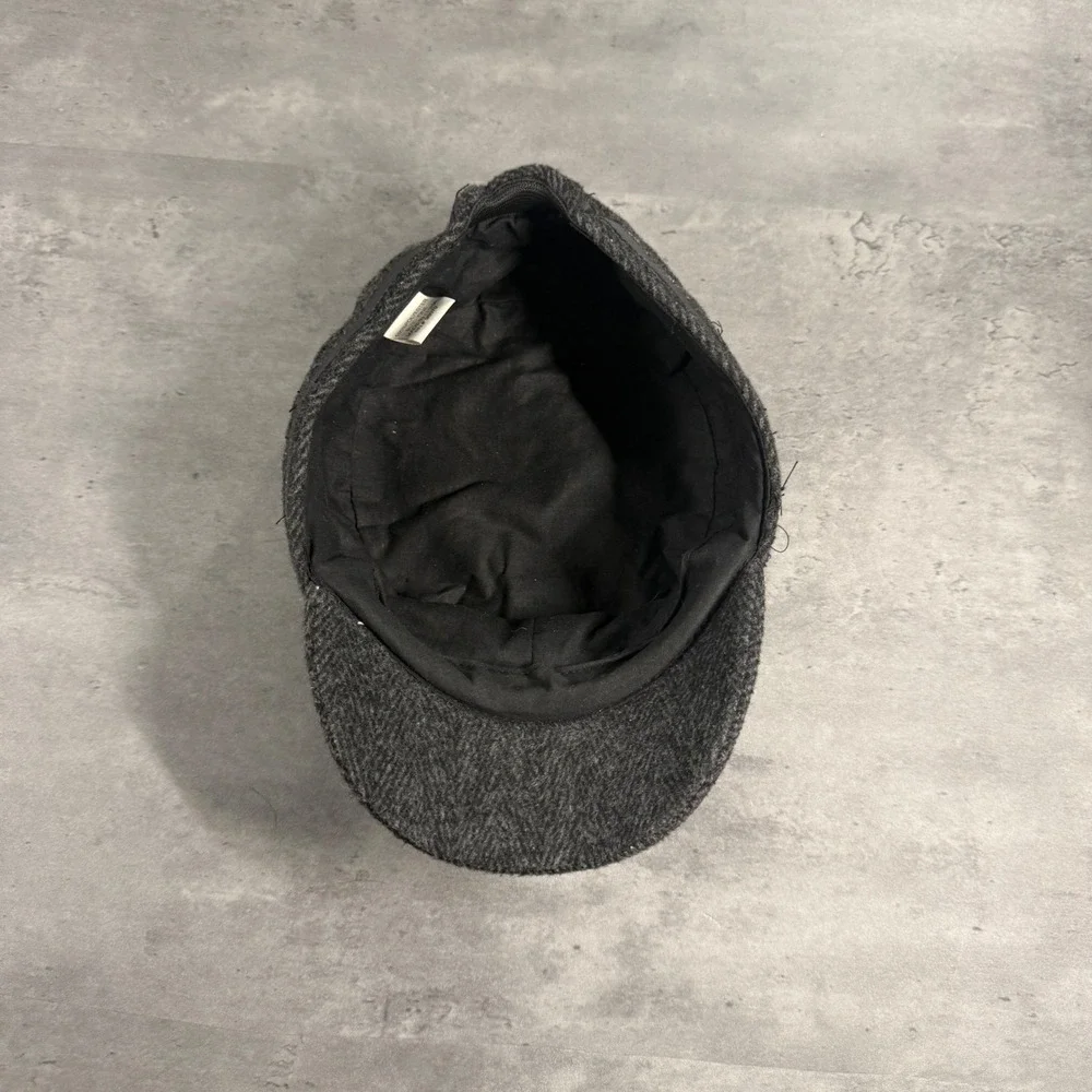 Cadet Hat Women OS Black Gray Herringbone Faux Leather Buckle‎ Military Cap